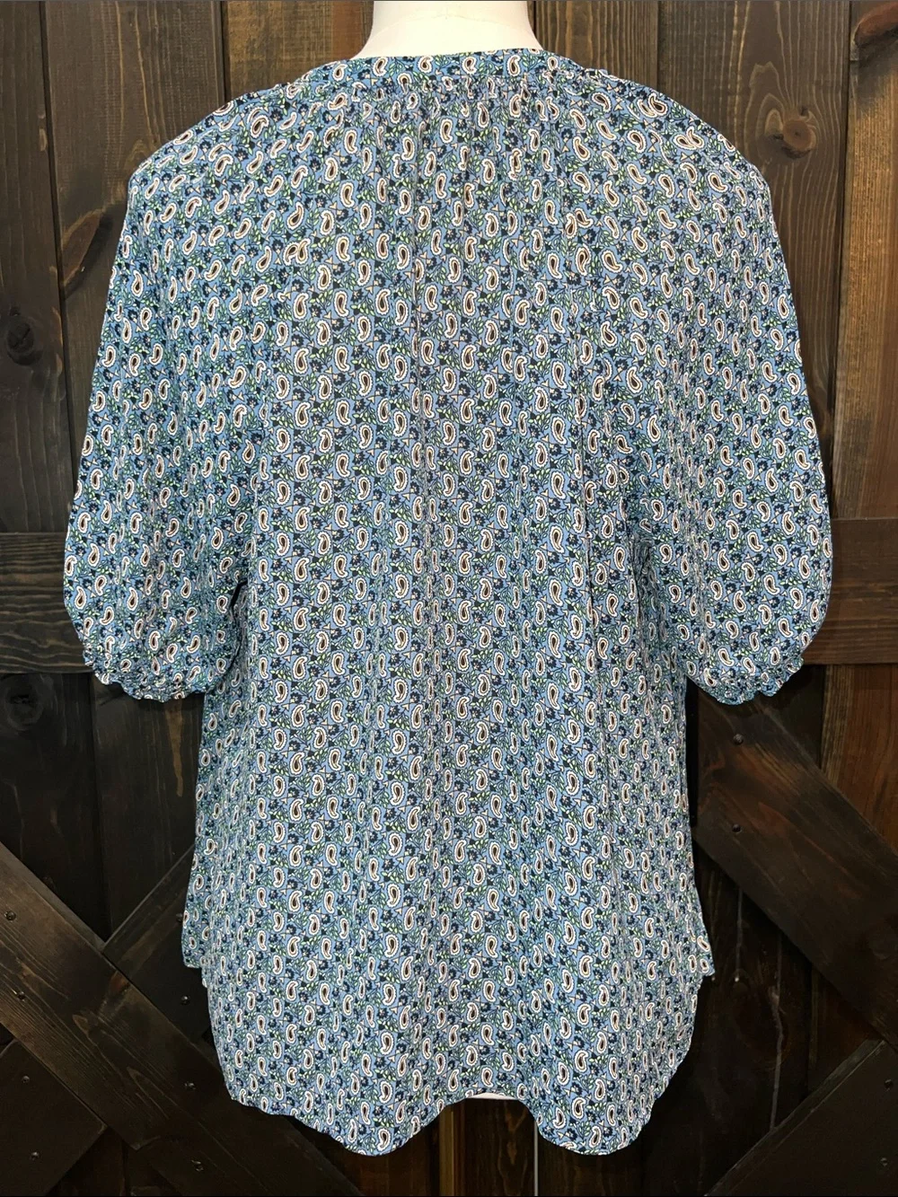Boden Paisley Top 14 Blue Gathered Split Neck Puff Sleeve Semi Sheer Preppy